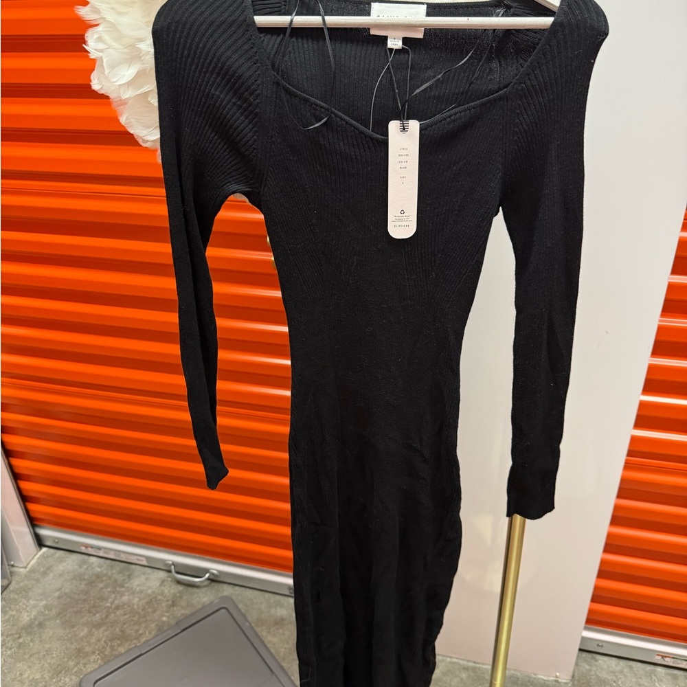 Elegant Black Ribbed Knit Dress S new